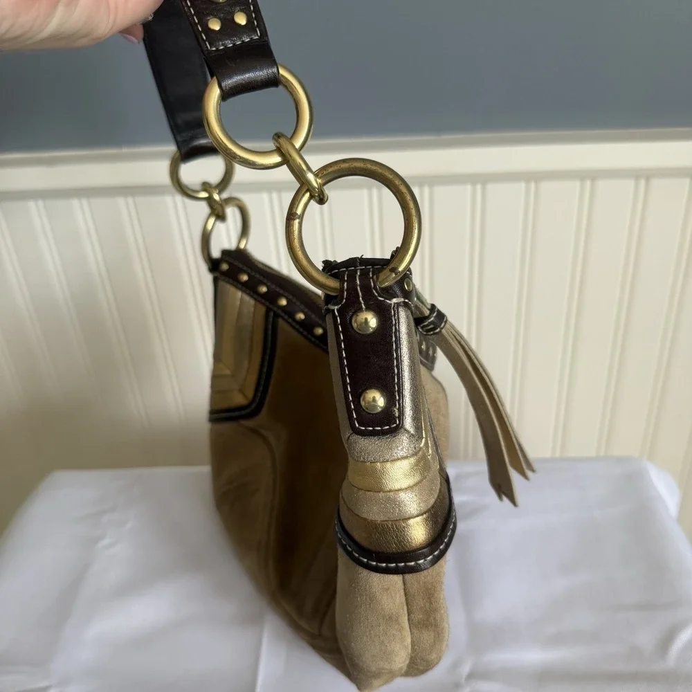 Vintage Coach Brown Tan Suede Small Hobo Shoulder Bag Purse Metallic Accents